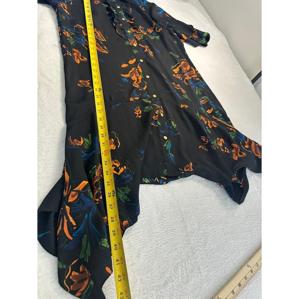 Tory Burch Shirt Dress Womens 10 Black Floral NWOT Ruffle High-Low 74814